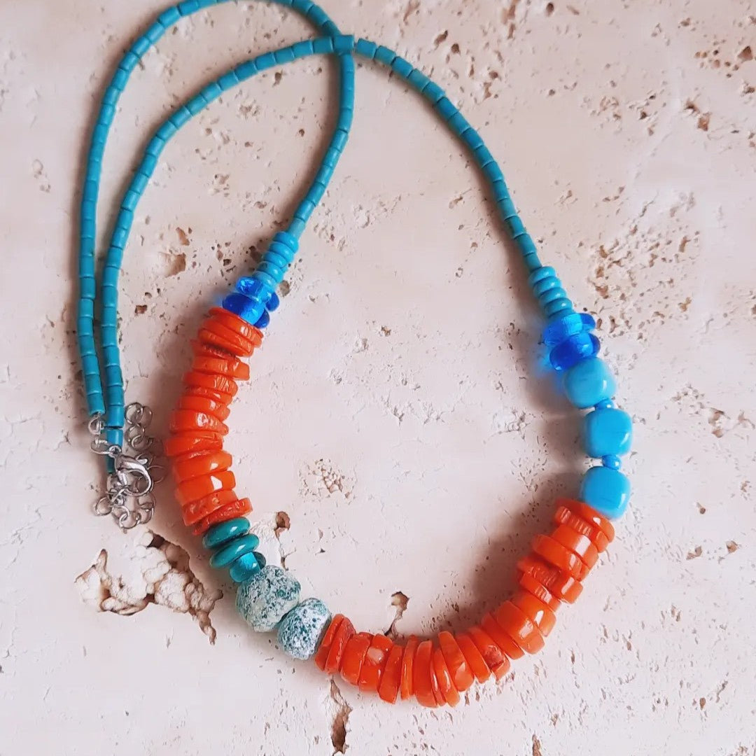 Bohem Eskitme Boncuklu Mercan Turkuaz Özel Tasarım Kolye