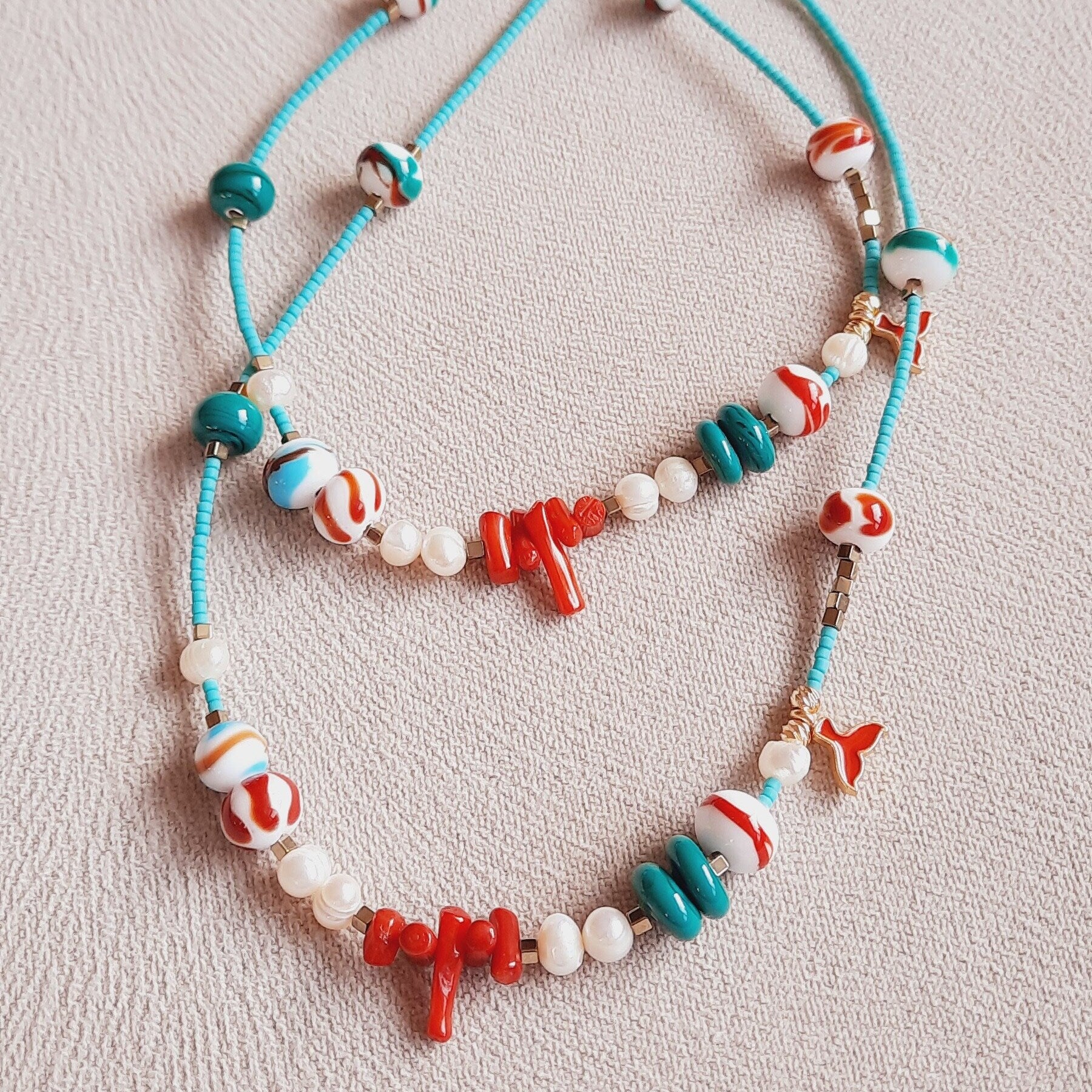 9 El Yapımı Boncuk Mercan İnci Murano Cam Sanatı Kolye