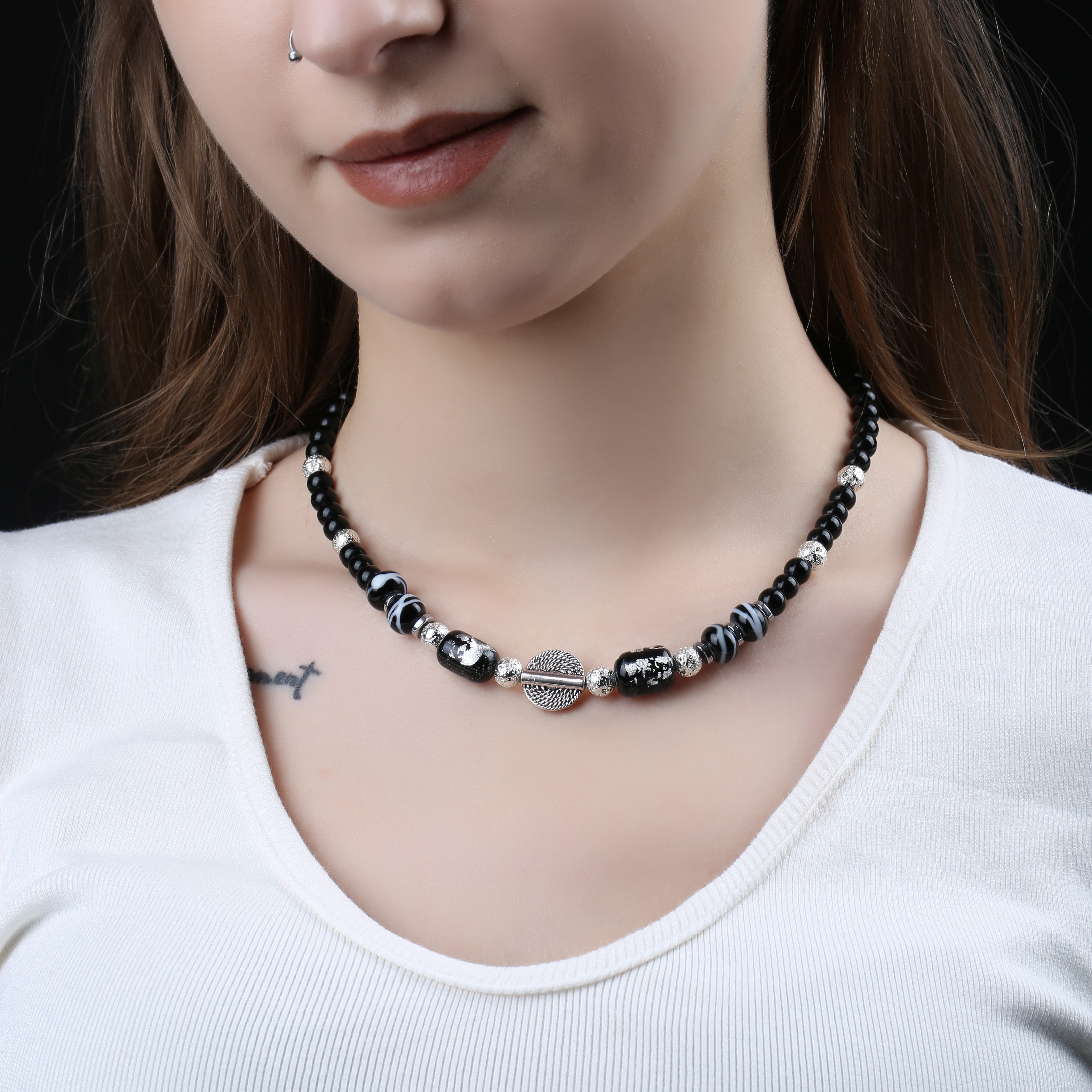 Murano Siyah Gümüş Varaklı Özel Tasarım Choker kolye