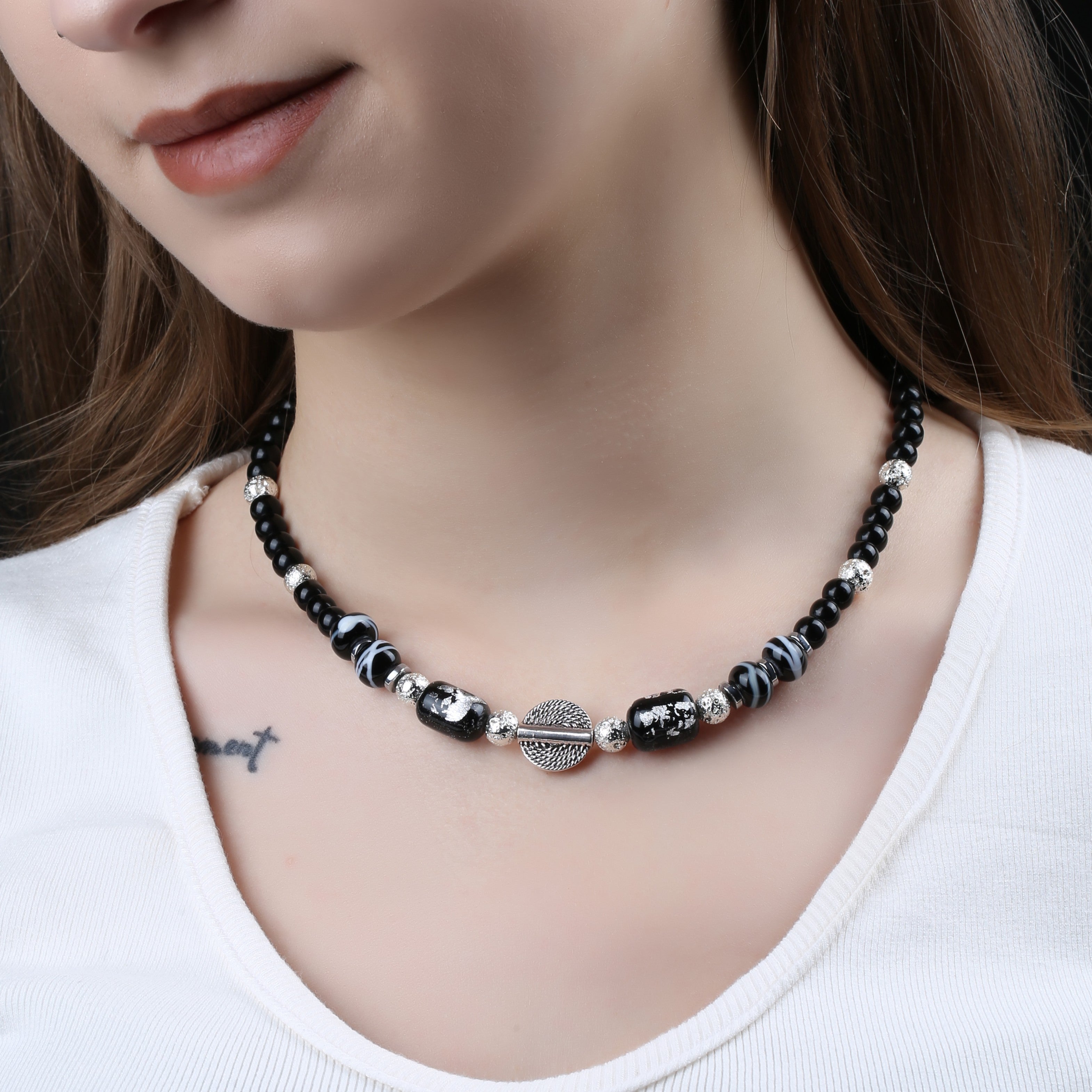 Murano Siyah Gümüş Varaklı Özel Tasarım Choker kolye