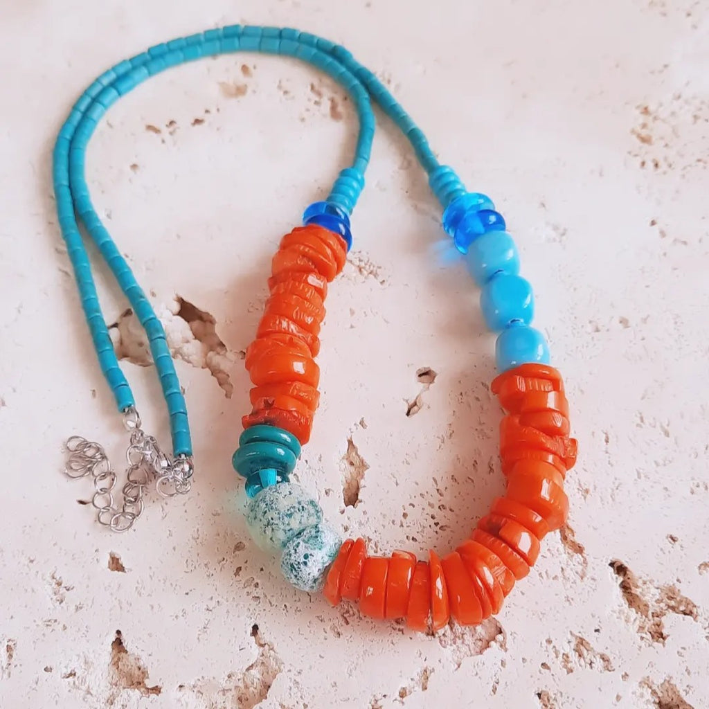 Bohem Eskitme Boncuklu Mercan Turkuaz Özel Tasarım Kolye