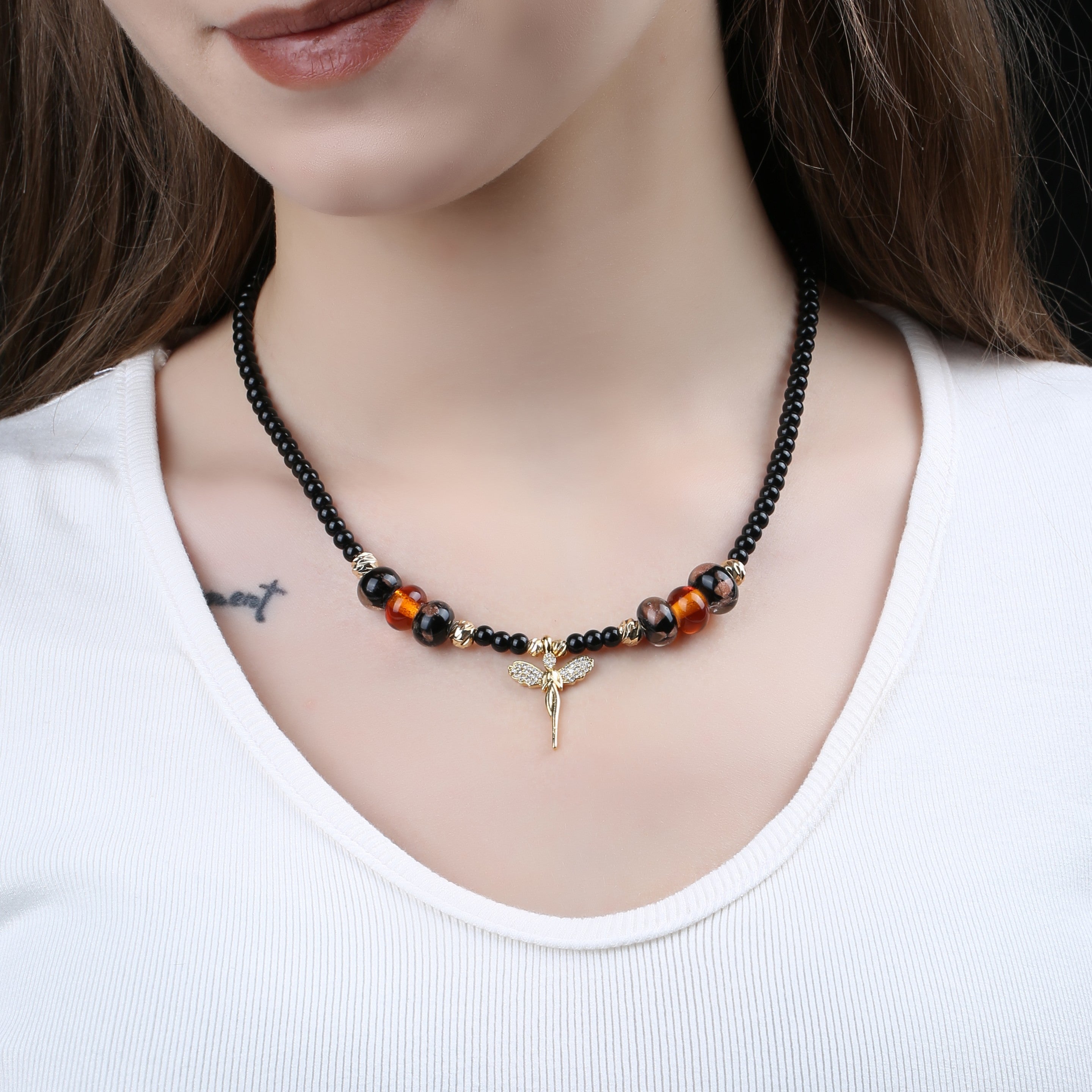 Melek Madalyon Murano Boncuklu Siyah Choker Kolye