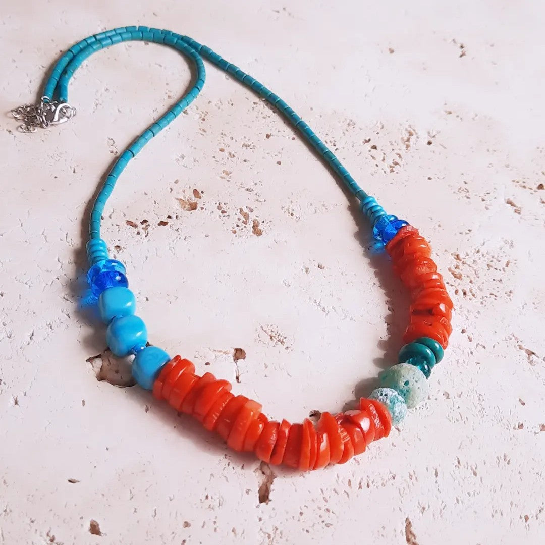 Bohem Eskitme Boncuklu Mercan Turkuaz Özel Tasarım Kolye