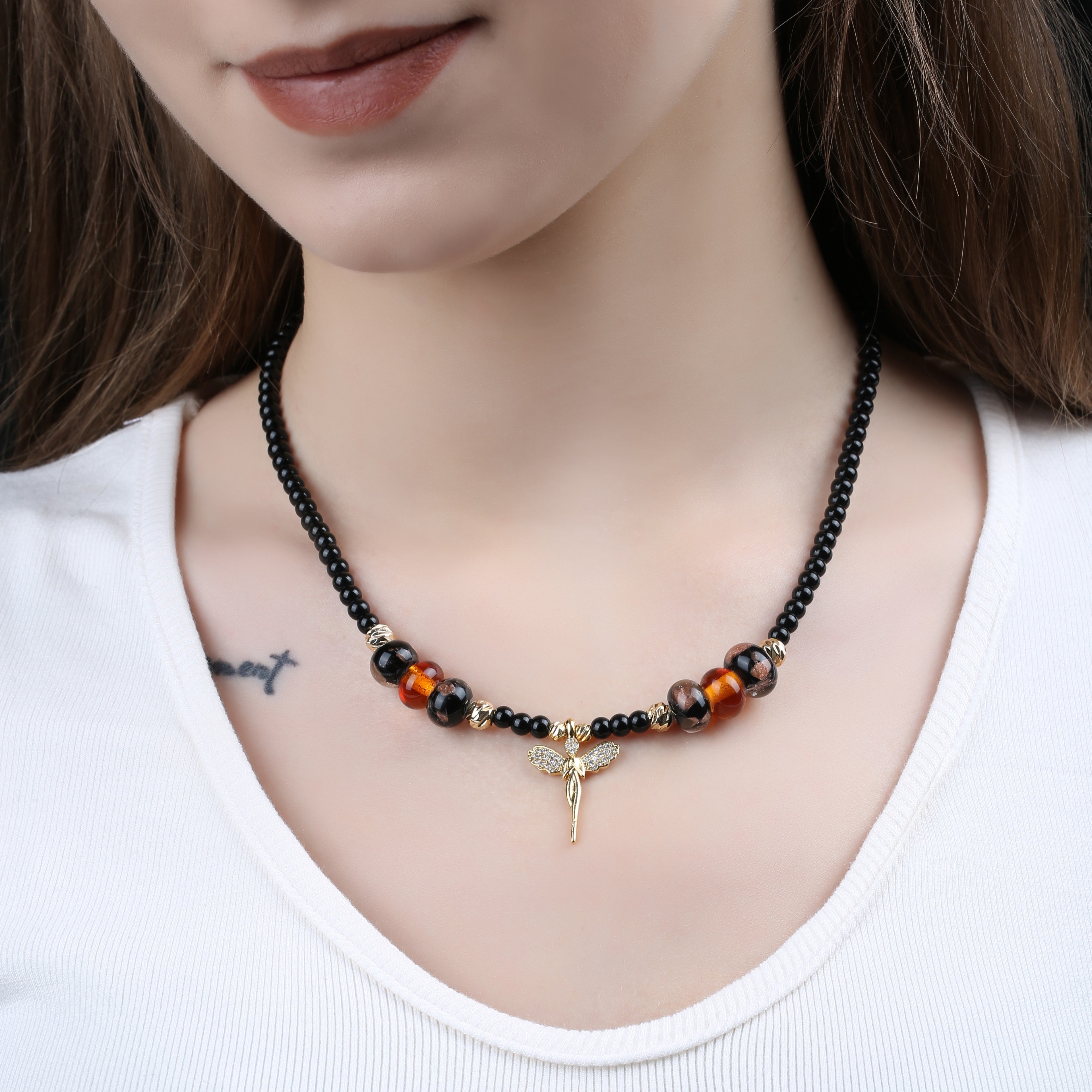 Melek Madalyon Murano Boncuklu Siyah Choker Kolye