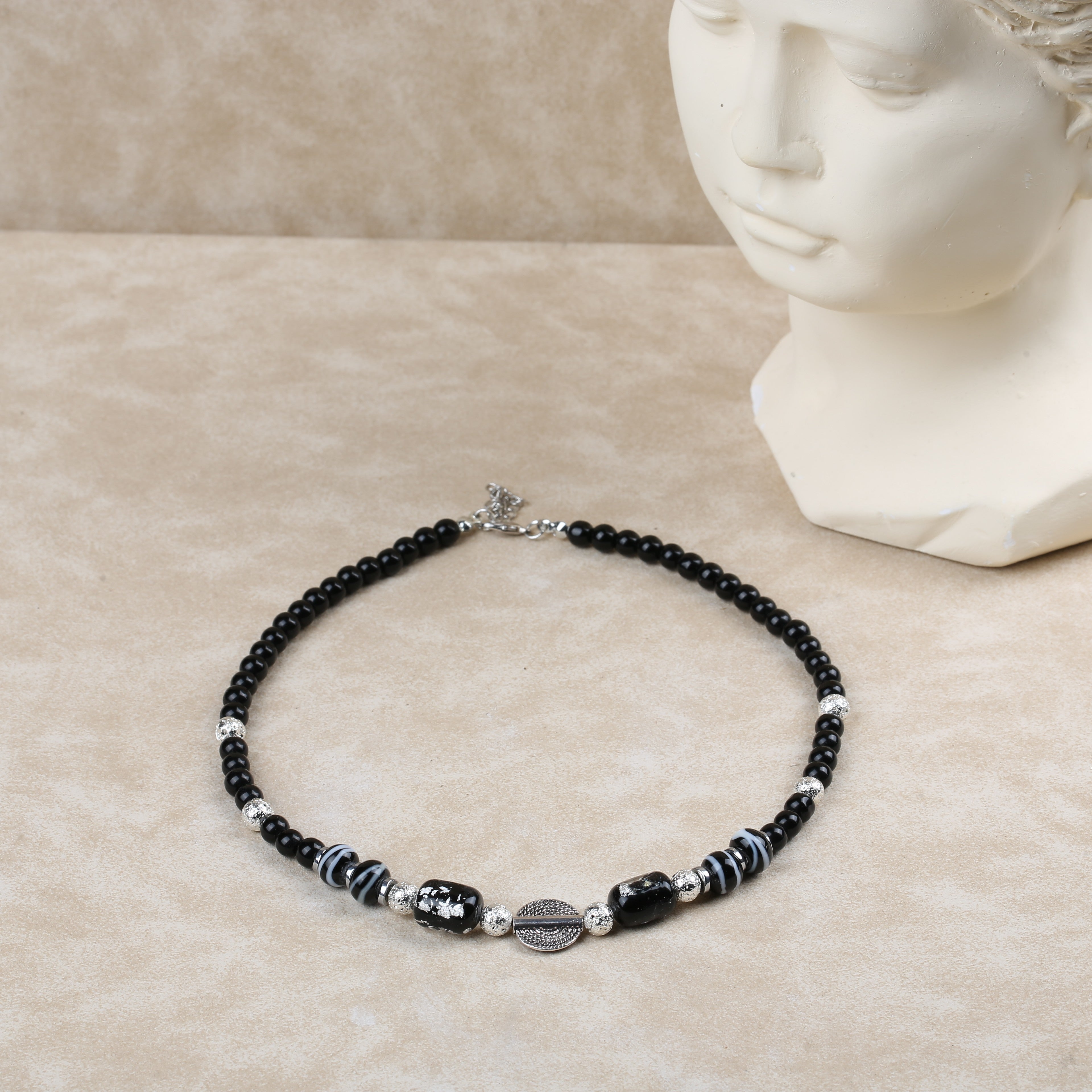 Murano Siyah Gümüş Varaklı Özel Tasarım Choker kolye
