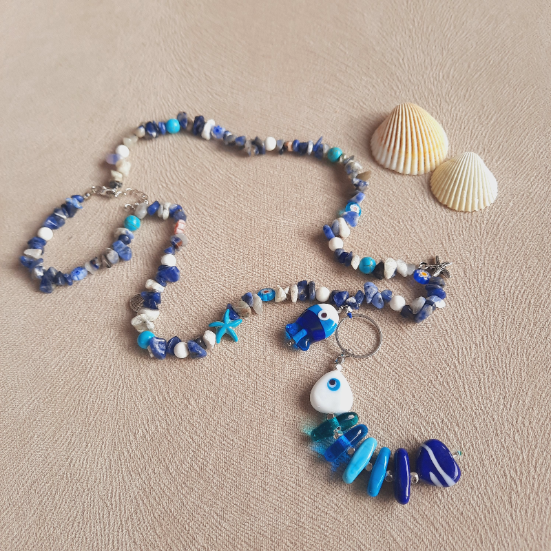 Mavili Büyük Kılçık Balık Doğal Taş Cam Kolye