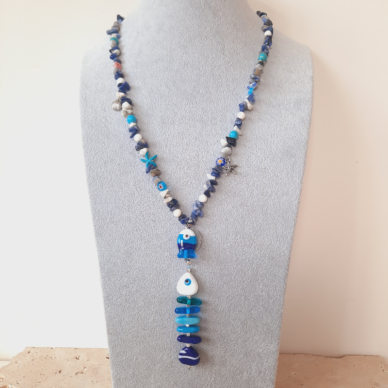 Mavili Büyük Kılçık Balık Doğal Taş Cam Kolye