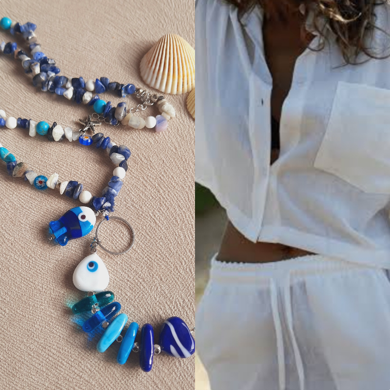 Mavili Büyük Kılçık Balık Doğal Taş Cam Kolye