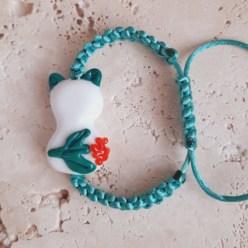 Süslü Kedi Murano Cam Boncuk Makrome Yeşil Bileklik