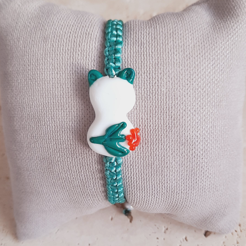 Süslü Kedi Murano Cam Boncuk Makrome Yeşil Bileklik
