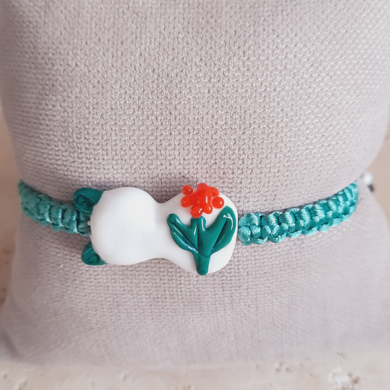 Süslü Kedi Murano Cam Boncuk Makrome Yeşil Bileklik