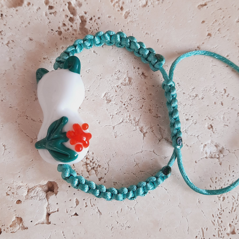 Süslü Kedi Murano Cam Boncuk Makrome Yeşil Bileklik
