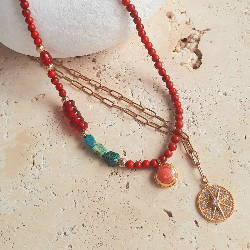 Mercan Doğal Taş Kutup Yıldızı Kombin Kolye