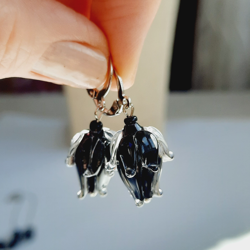 Siyah Lale Murano Özel Tasarım Kolye ve Küpe Seti