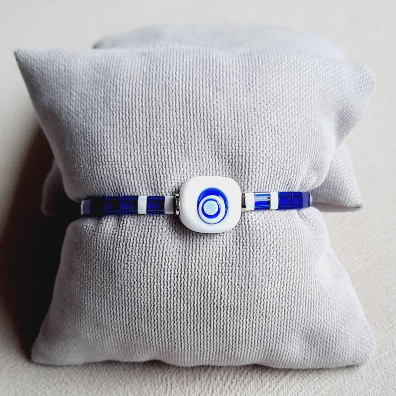 Miyuki Tila Murano Cam Bileklik - Beyaz / Lacivert Sonsuzluk