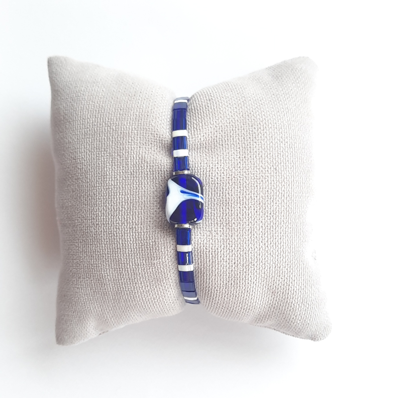 Miyuki Tila Murano Cam Bileklik - Lacivert Beyaz Mermer