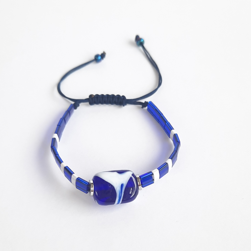 Miyuki Tila Murano Cam Bileklik - Lacivert Beyaz Mermer