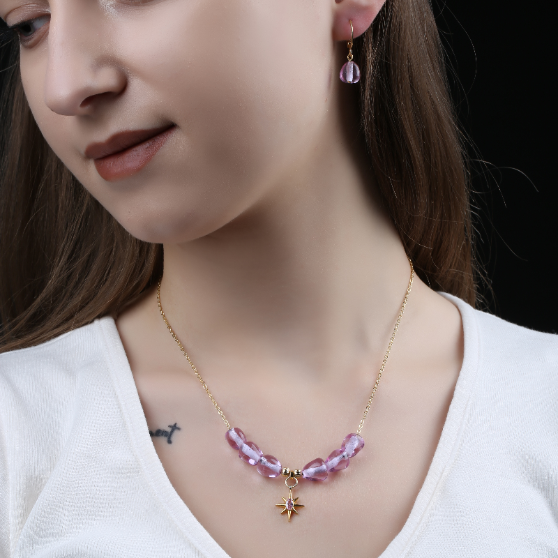 Şeffaf Pembe Nar Kolye Küpe Seti