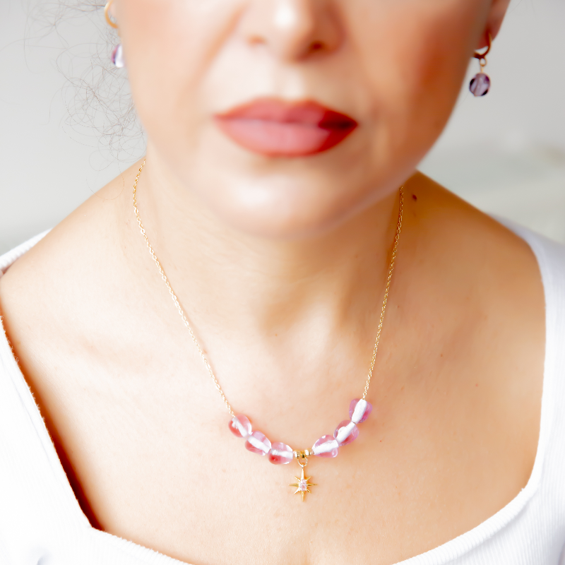 Şeffaf Pembe Nar Kolye Küpe Seti