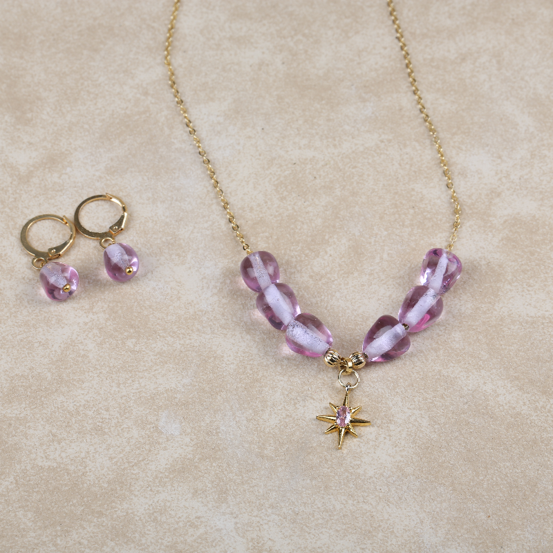 Şeffaf Pembe Nar Kolye Küpe Seti