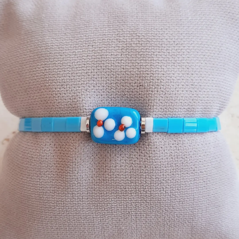 Miyuki Tila Murano Cam Bileklik - Bahar Çiçekleri Mavi