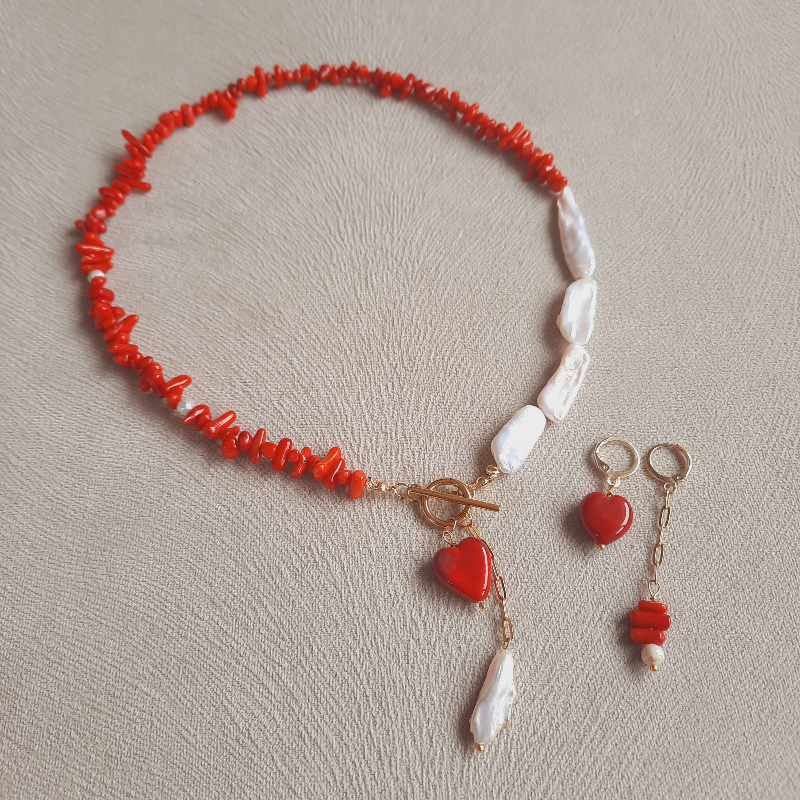 Mercan Barok İnci Özel Tasarım Kolye Küpe Seti