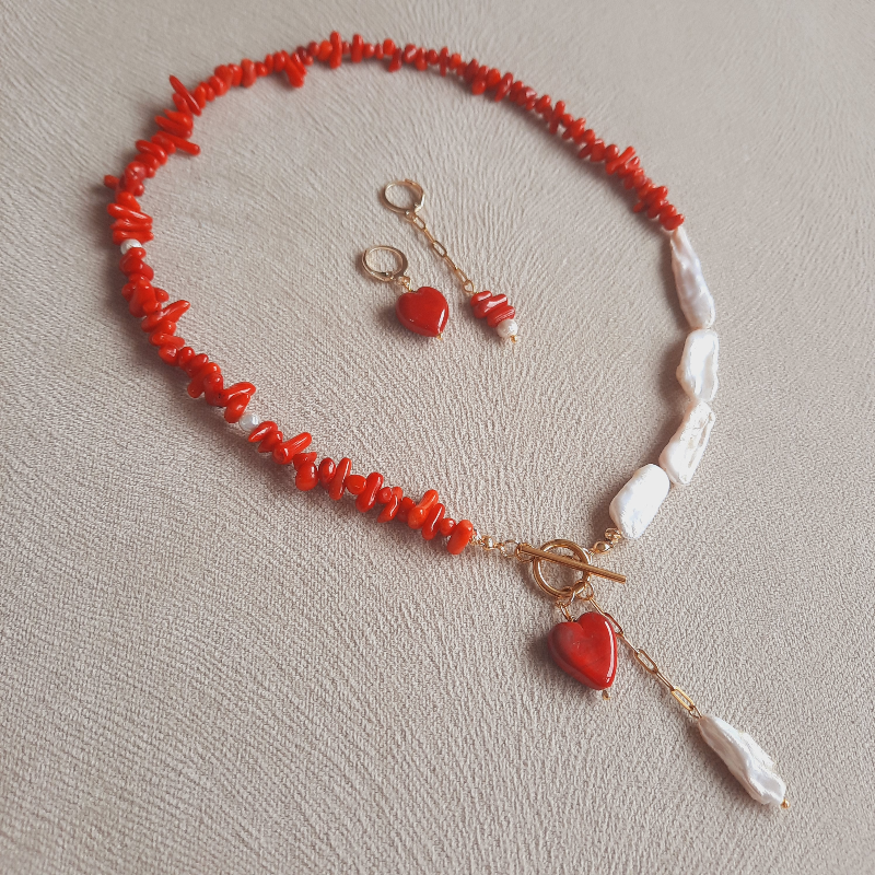 Mercan Barok İnci Özel Tasarım Kolye Küpe Seti