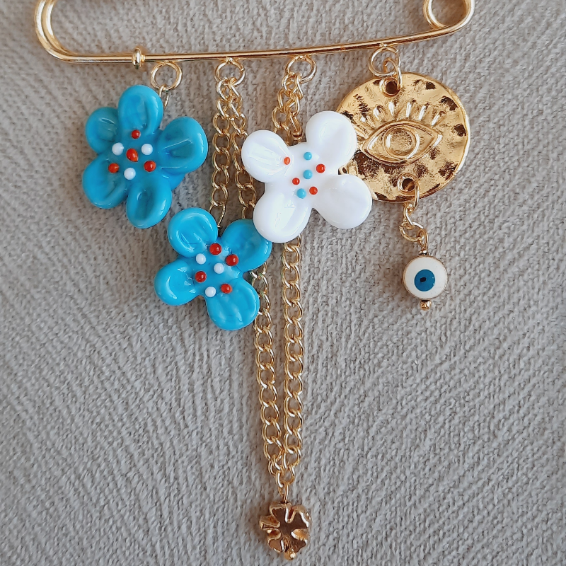 Mavi Çiçekli Nazarlı İskoç İğnesi  Murano Broş