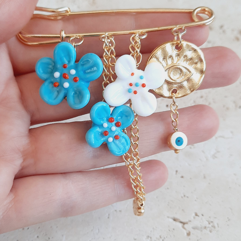 Mavi Çiçekli Nazarlı İskoç İğnesi  Murano Broş