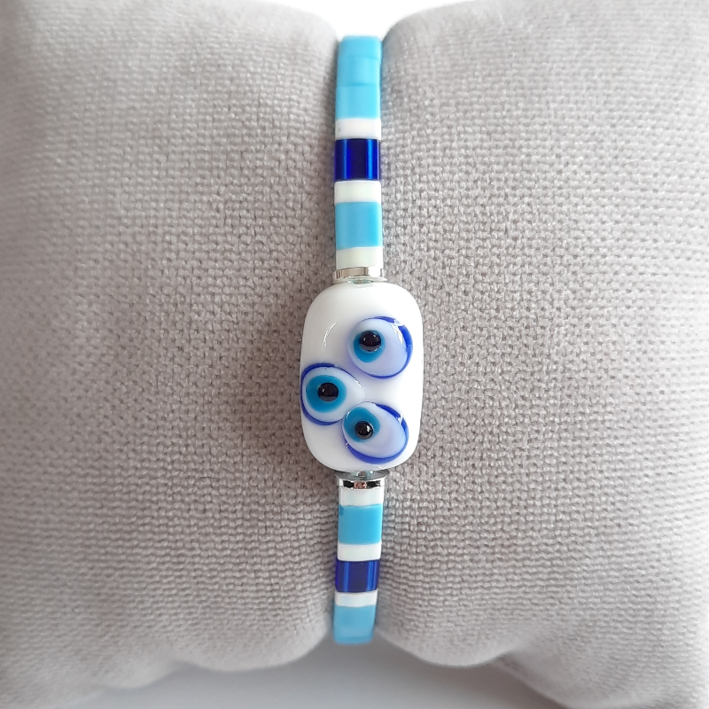 Miyuki Tila Murano Cam Bileklik - 3 Nazar Mavi