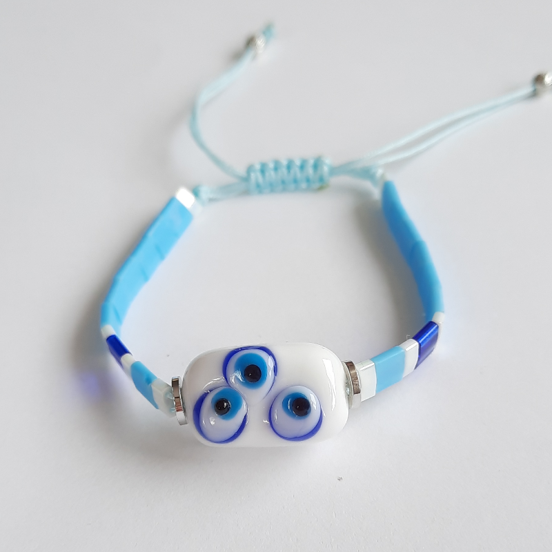 Miyuki Tila Murano Cam Bileklik - 3 Nazar Mavi