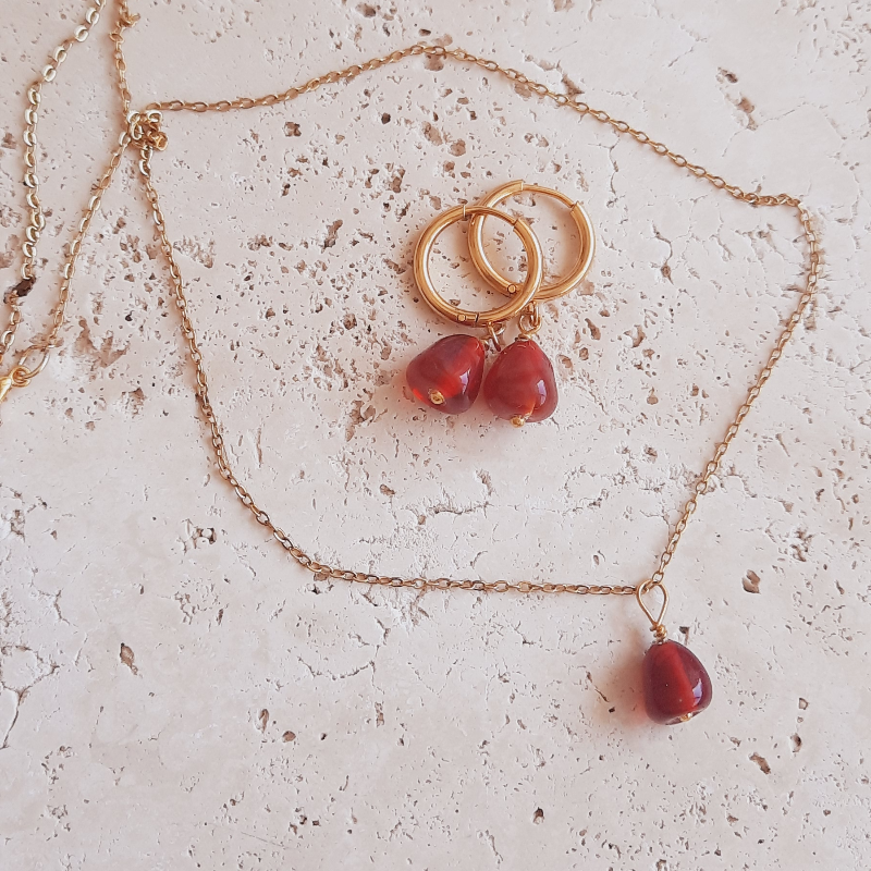 Paslanmaz Çelik Murano Kırmızı Nar Kolye Küpe Seti