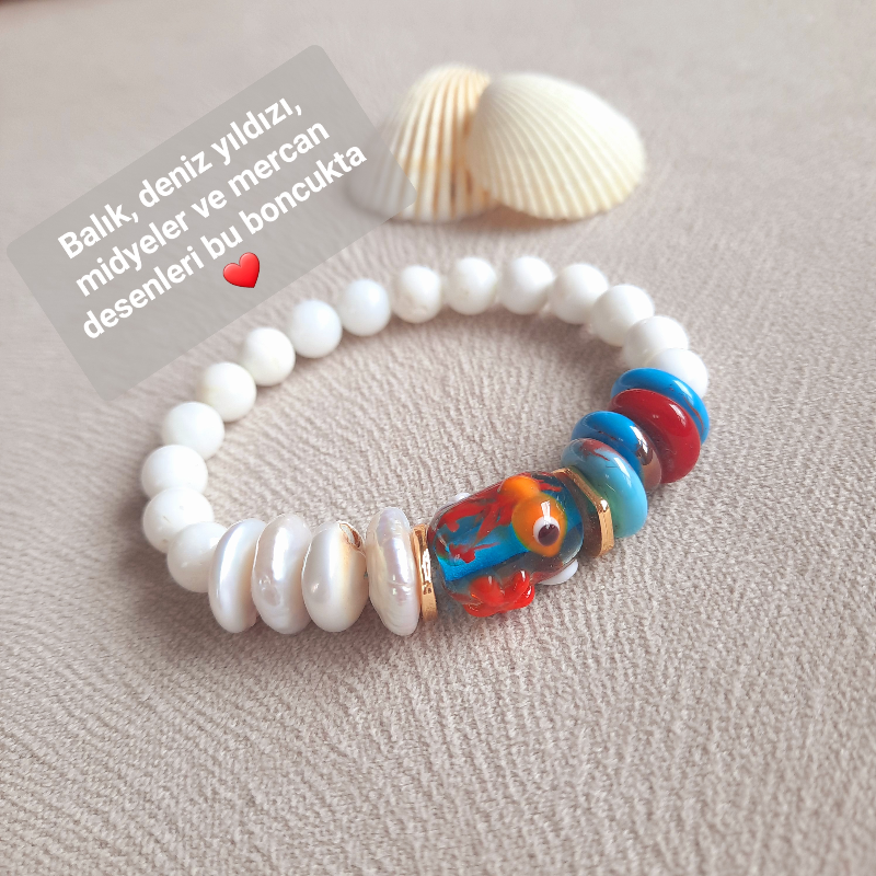 Okyanus Temalı Disk İnci Cam Doğal Taş Bileklik