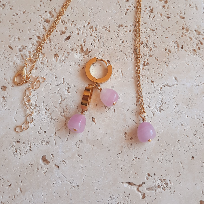 Paslanmaz Çelik Pembe Nar Tanesi Kolye Küpe Seti