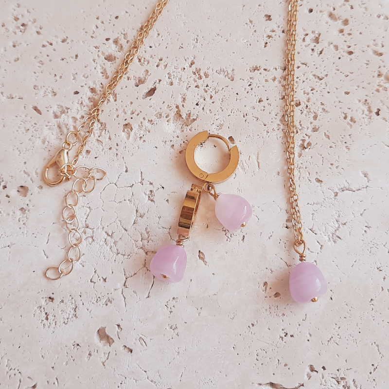 Paslanmaz Çelik Pembe Nar Tanesi Kolye Küpe Seti