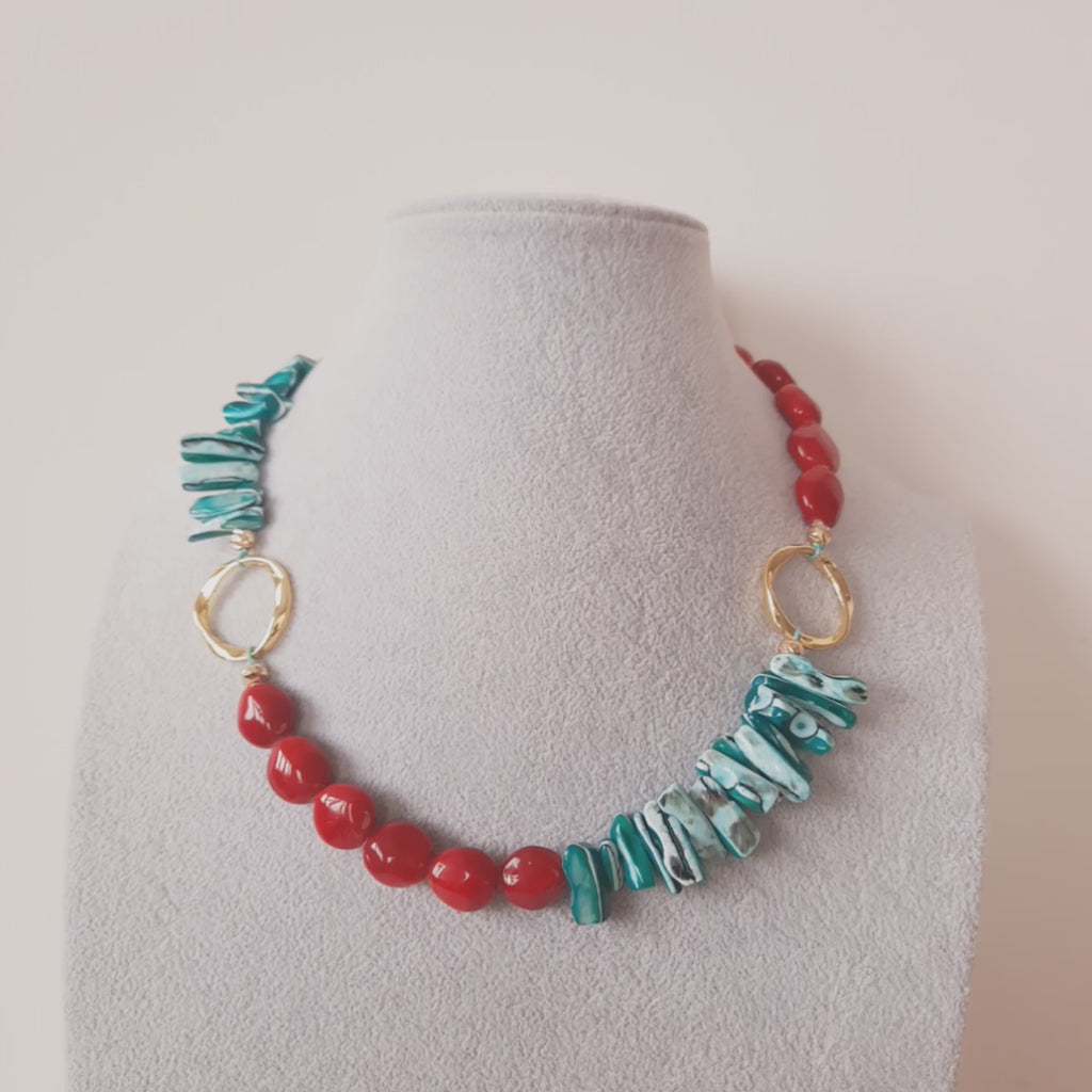 Şeker Boncuk Kırmızı Turkuaz Özel Tasarım Kolye