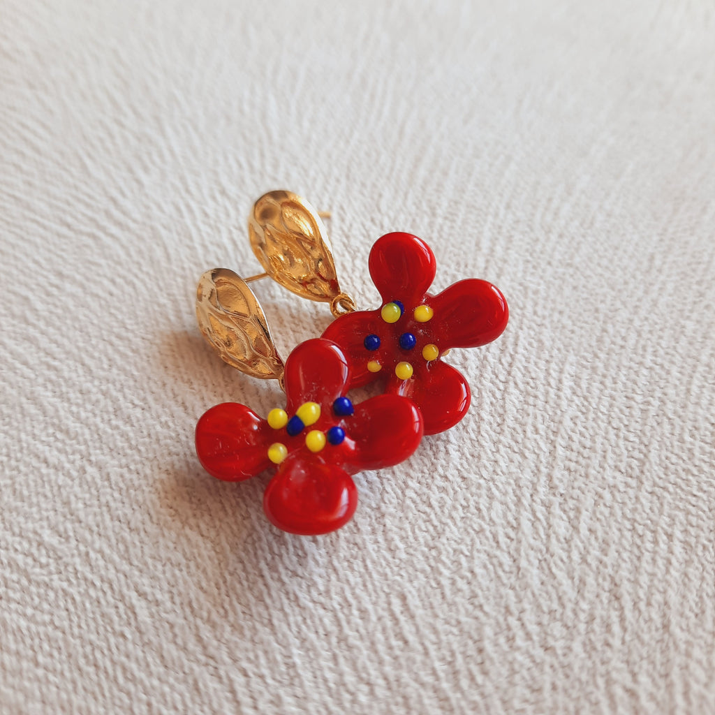 Murano Kırmızı Çiçek Küpe
