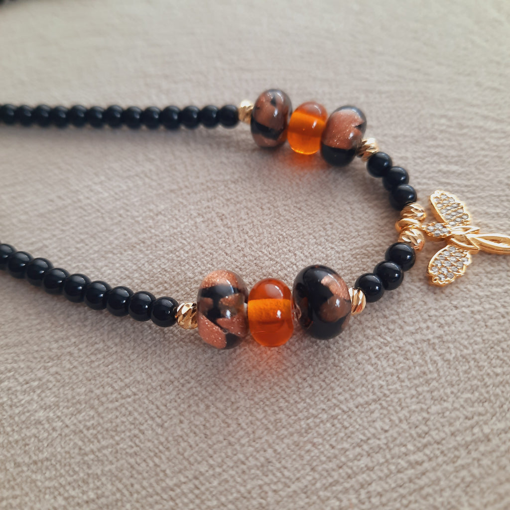 Melek Madalyon Murano Boncuklu Siyah Choker Kolye