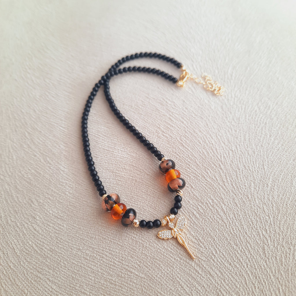 Melek Madalyon Murano Boncuklu Siyah Choker Kolye