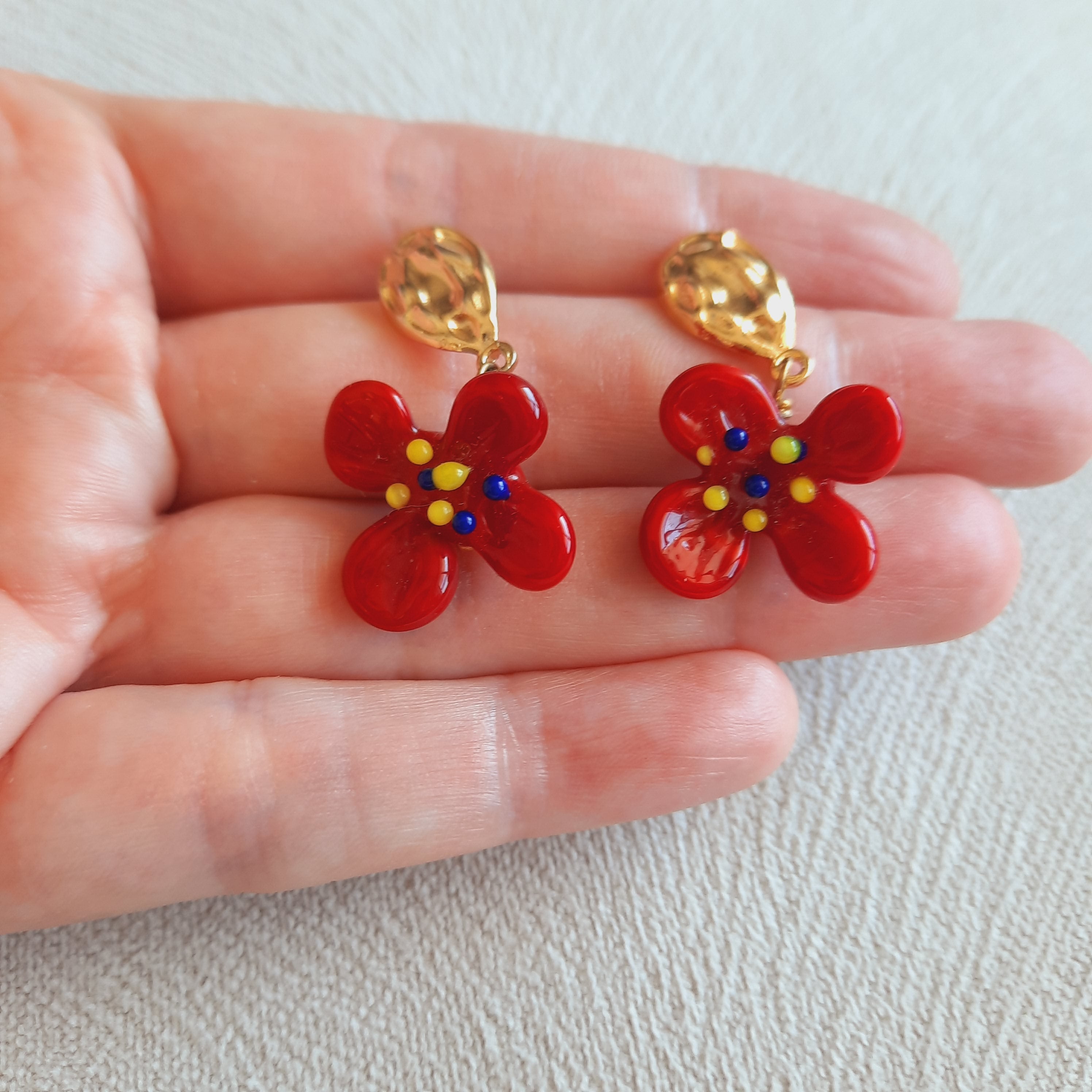 Murano Kırmızı Çiçek Küpe