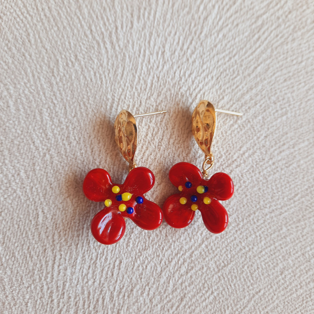 Murano Kırmızı Çiçek Küpe