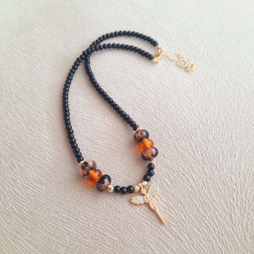 Melek Madalyon Murano Boncuklu Siyah Choker Kolye