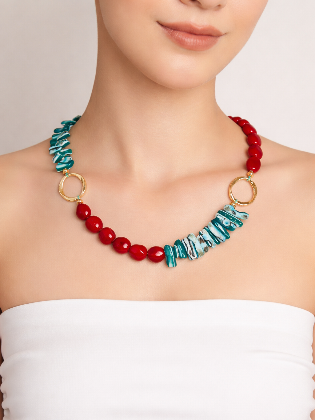 Şeker Boncuk Kırmızı Turkuaz Özel Tasarım Kolye