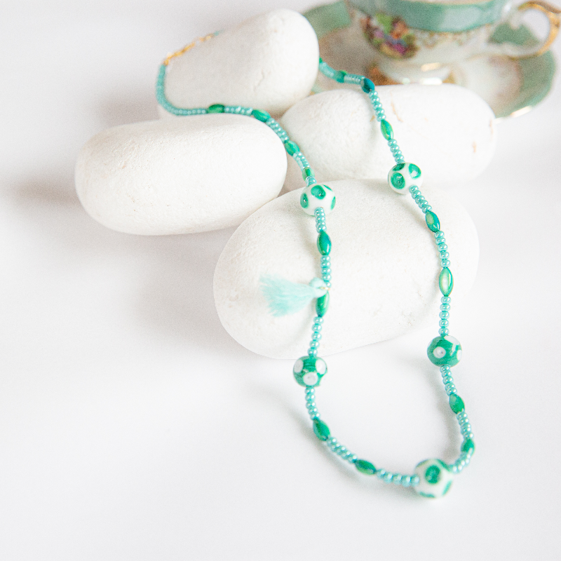 Turkuaz Özel Tasarım Murano Cam Doğal Taş Kolye