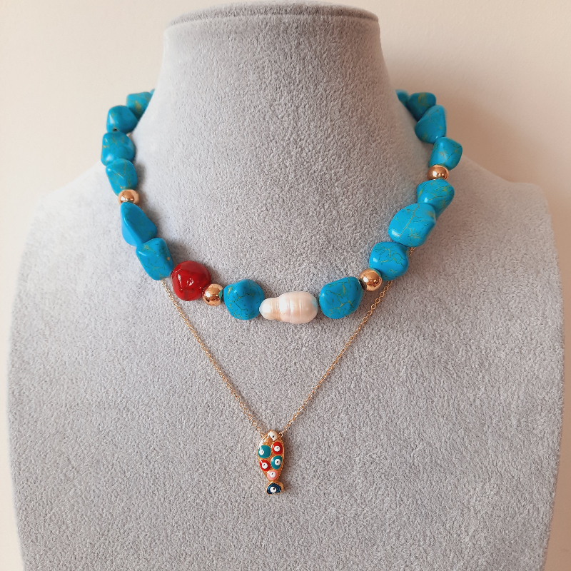 Barok İnci Turkuaz Özel Tasarım Choker Kolye