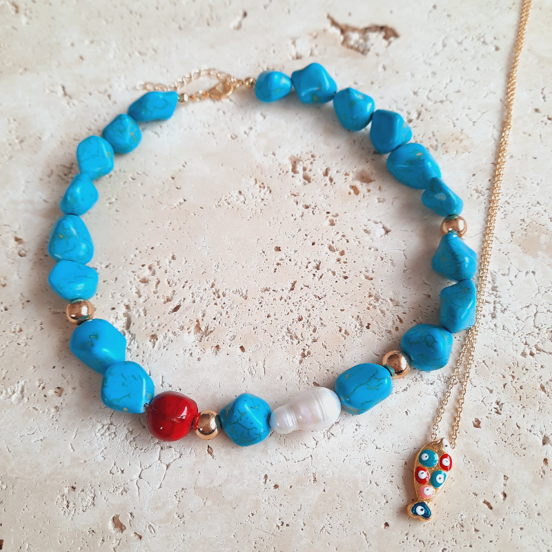 Barok İnci Turkuaz Özel Tasarım Choker Kolye