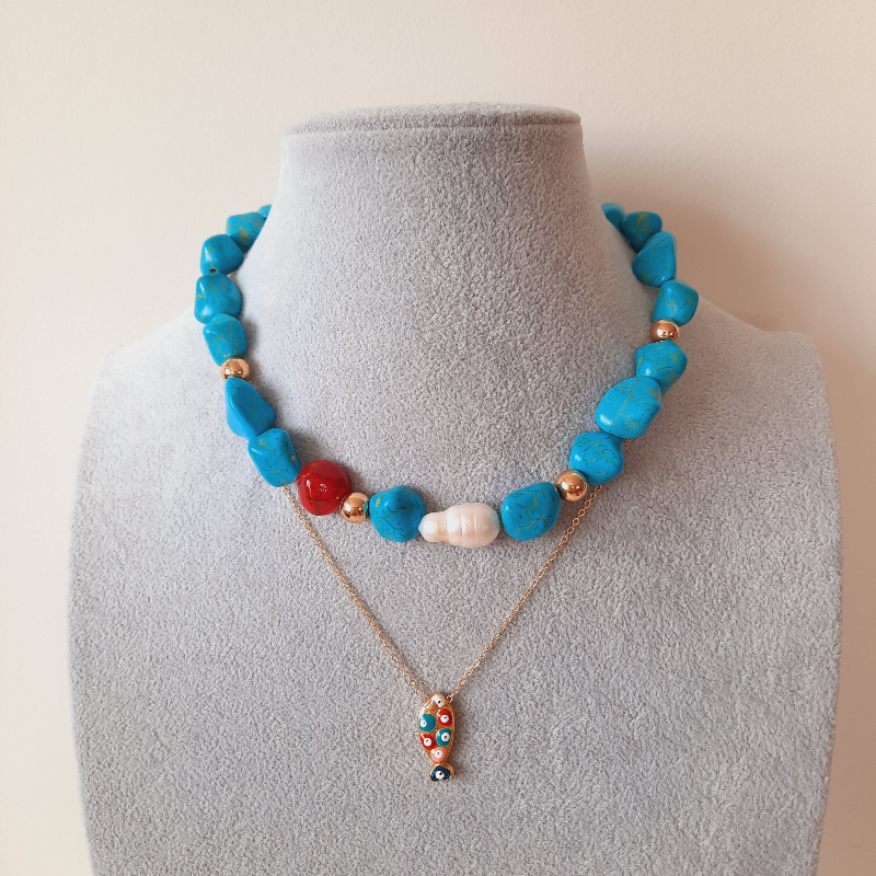 Barok İnci Turkuaz Özel Tasarım Choker Kolye