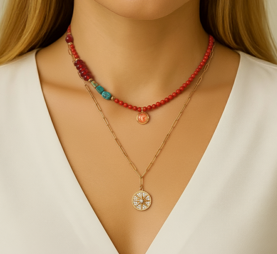 Mercan Doğal Taş Kutup Yıldızı Kombin Kolye